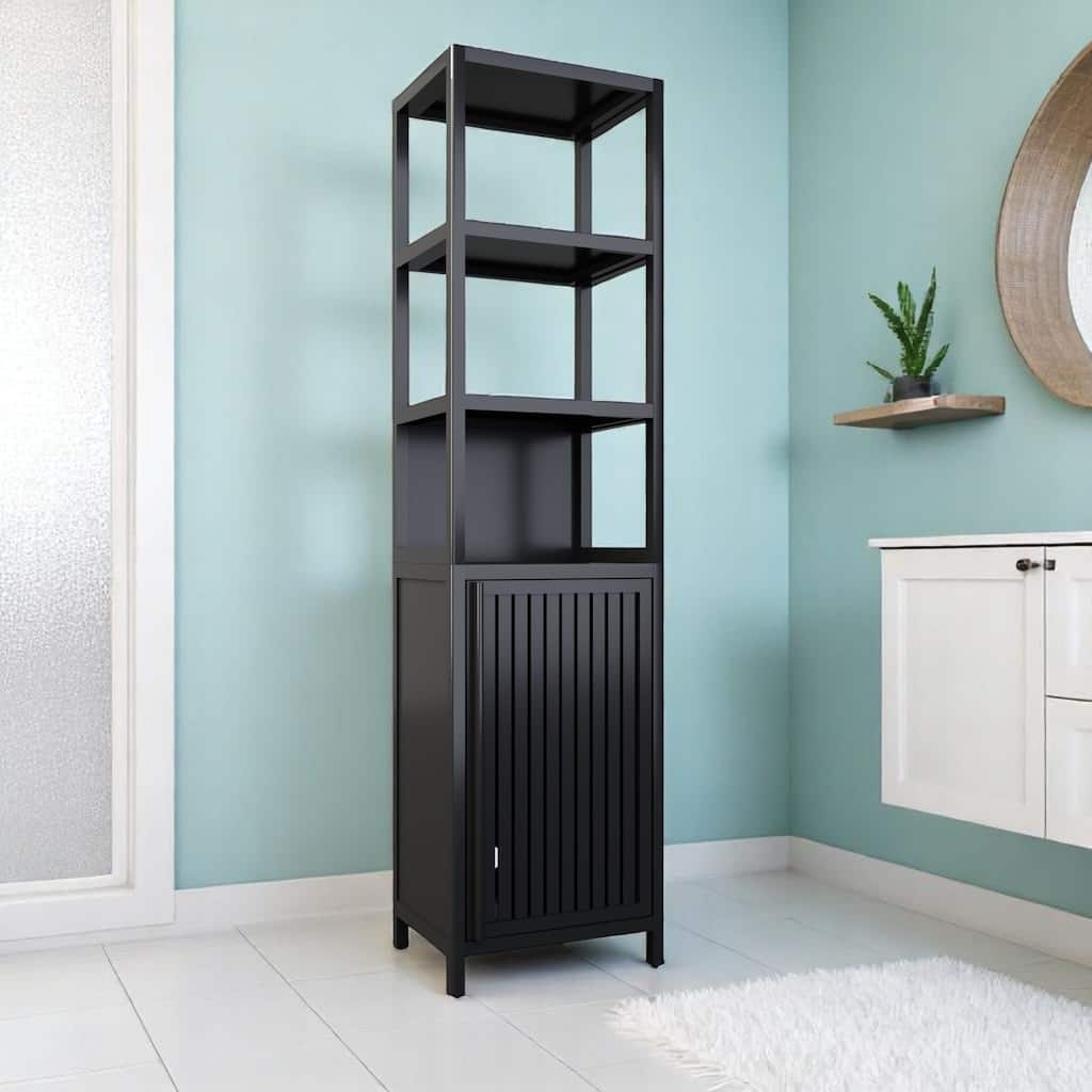Slim Black Bathroom Storage Cabinet with Door and 3 Tiers, Natural Bamboo Freestanding Linen Tower Organizer