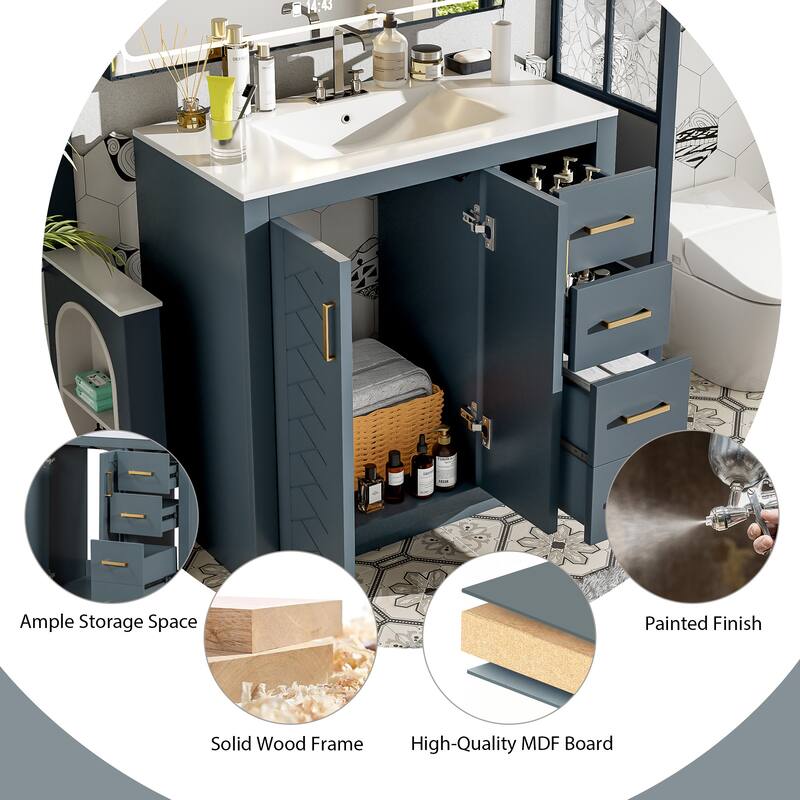GDFStudio 36'' Bathroom Vanity with Ceramic Sink,Freestanding Vanity Set with 3 Drawers& Soft Closing Doors