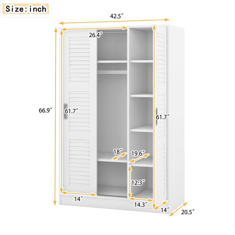 Tall Shutter Armoire Cabinet for Bedroom, Sliding Barn Door Wardrobe with Storage Shelves and Hanging Clothes Rod, White