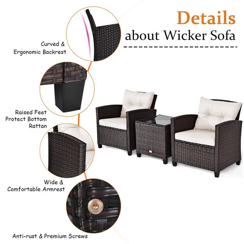 Costway 3PCS Patio Rattan Furniture Set Cushioned Conversation Set - See Details