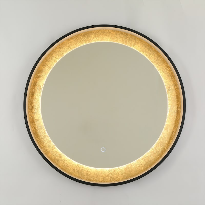 Evari 30 IN. Mid Century Modern Round Gold Leaf LED Bathroom Vanity Mirror Dimmable Makeup Light - Dia.30" x H1.5"