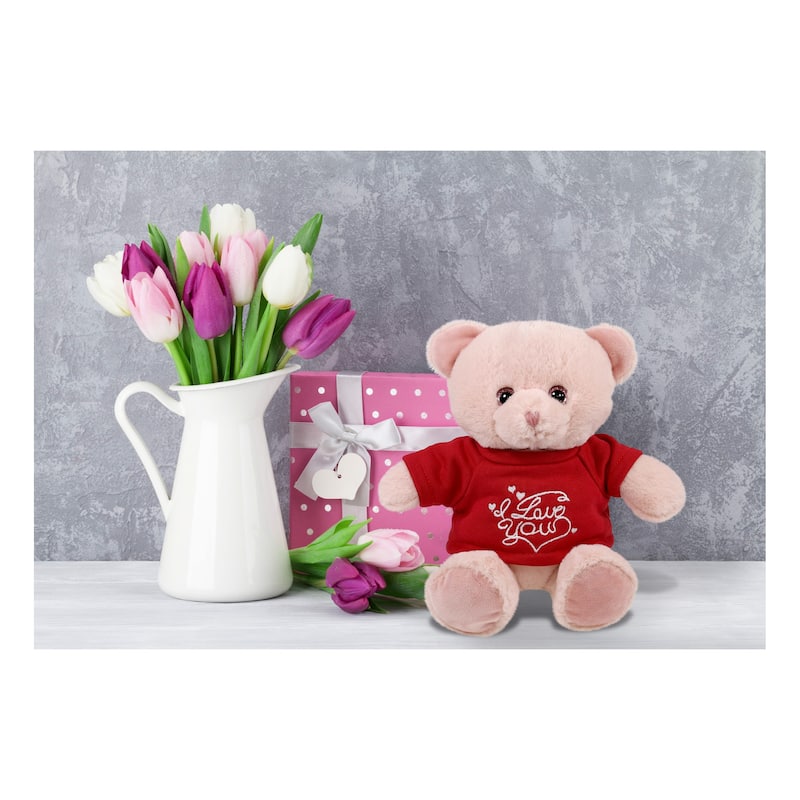 DolliBu I LOVE YOU Super Soft Baby Pink Bear Plush with Red Shirt - 8 inches