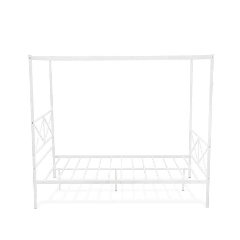 Bohemian Bed Frame with Canopy - Metal Platform Bed - Modern Headboard & Footboard - White Finish