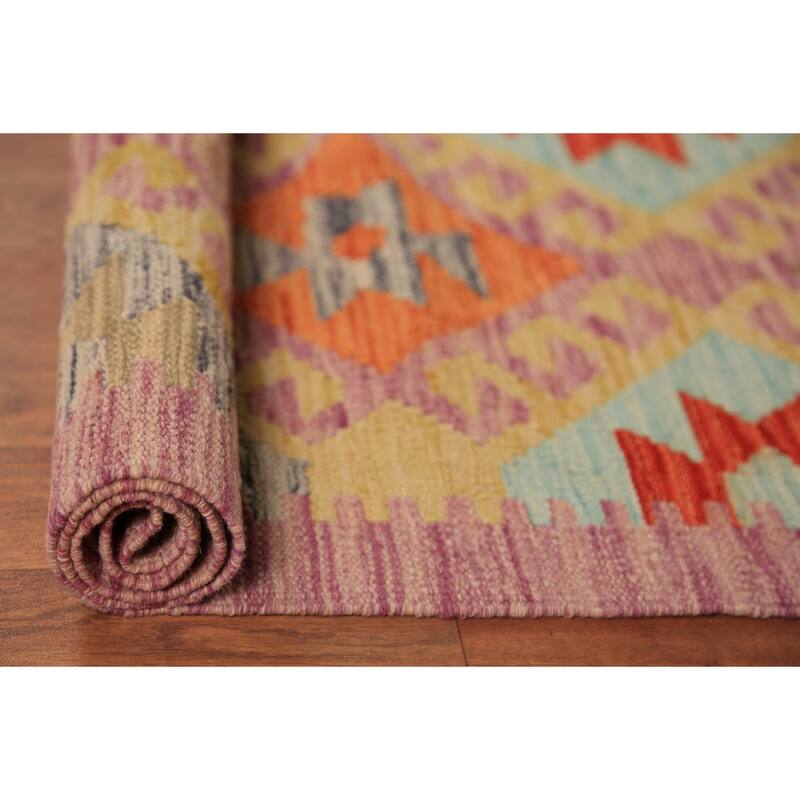 Geometric Kilim Area Rug Hand-Woven Wool Carpet - 8'5"x 11'1"