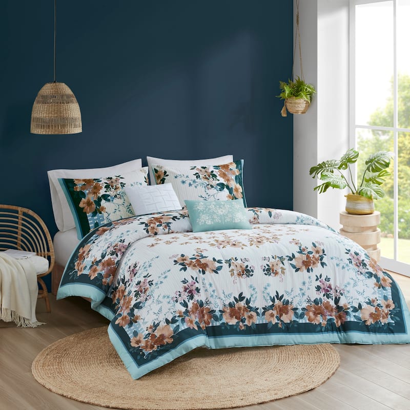 Madison Park Alaina 5 Piece Cotton Floral Comforter Set with Throw Pillows