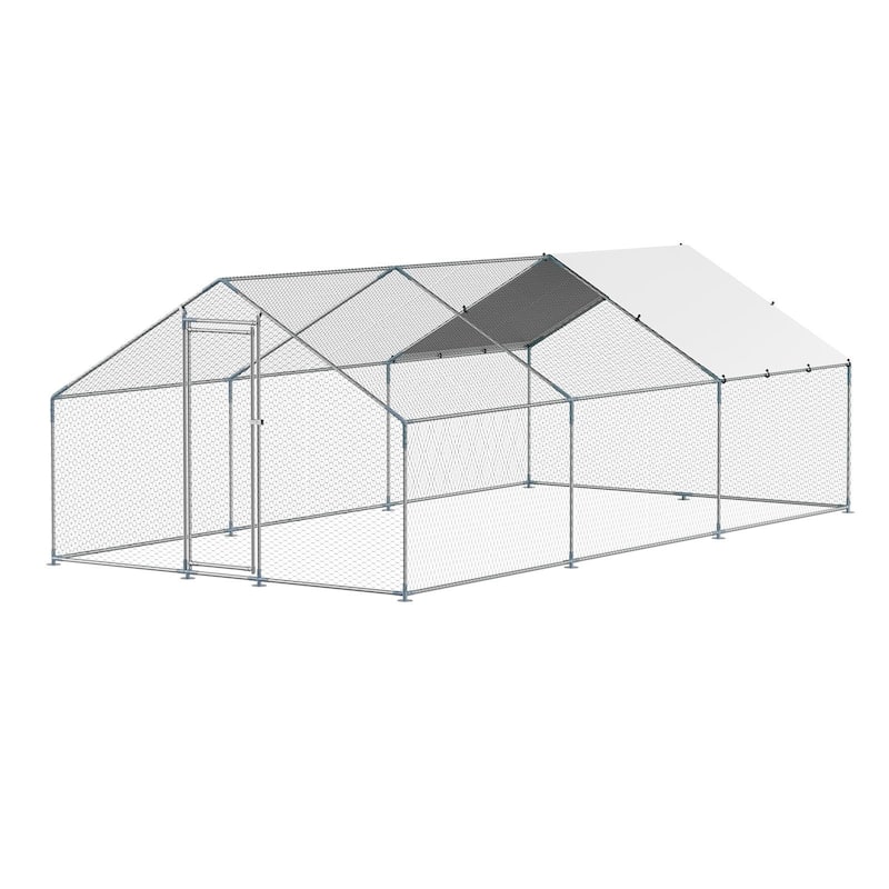 Silver Galvanized Steel Chicken Coop with Protective Net and PE Tarp Cover