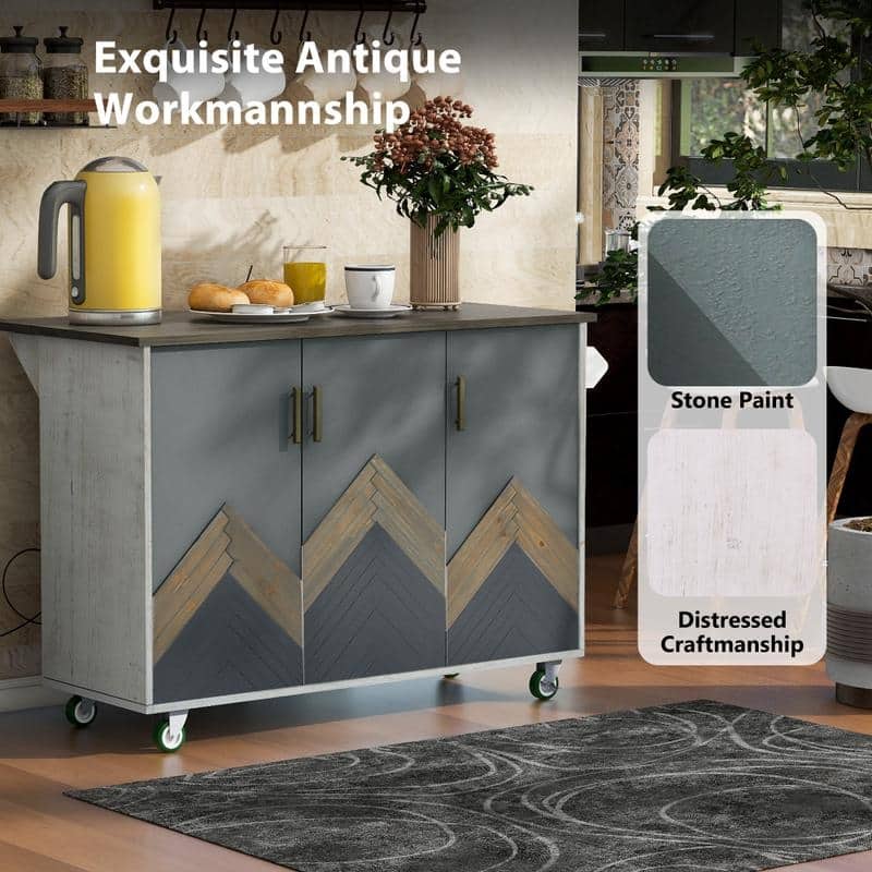 Retro 47"D Kitchen Island on Wheels with Drop Leaf,Internal Storage Rack