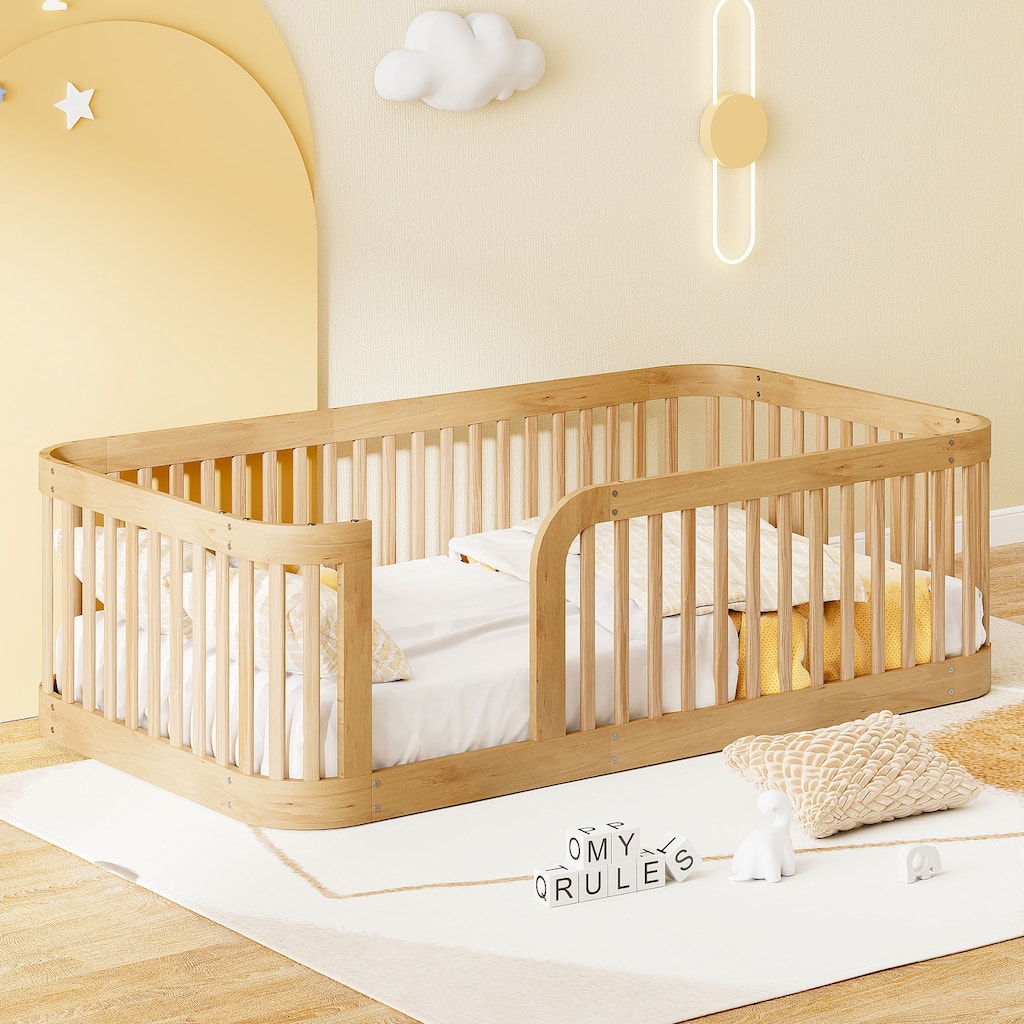 Twin Size Wood Floor Bed with Fence, Low Profile Platform Frame for Toddlers