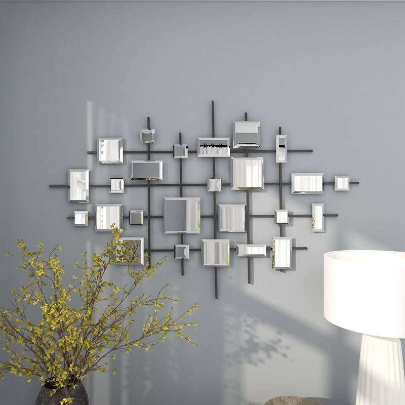 Black Metal Geometric Home Wall Decor with Square Mirrored Accents