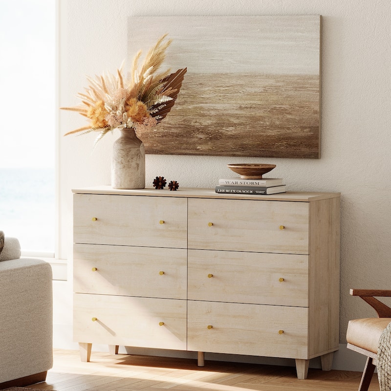 6 Drawers Dresser for Bedroom, Wooden Wide Chest of Drawers - Biscotti - 6-drawer