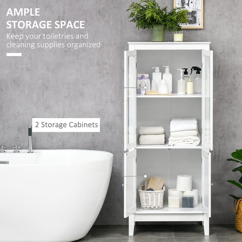 kleankin Bathroom Floor Cabinet with 2 Storage Cabinets, Tempered Glass Door, Freestanding Linen Tower with Adjustable Shelves