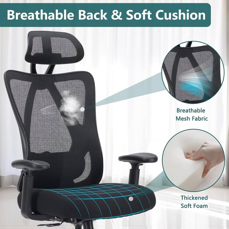 Home Office Desk Chair, Ergonomic High Back Big Tall Computer Chairs, 2D Armrest Adjustable Lumbar Support & Headrest