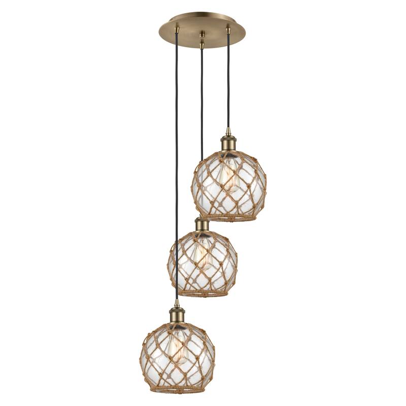 Innovations Lighting Endless Possibilities Ballston - Farmhouse Rope - 3 Light 15" Cord Hung Multi Pendant - Antique Brass/Clear Glass with Brown Rope