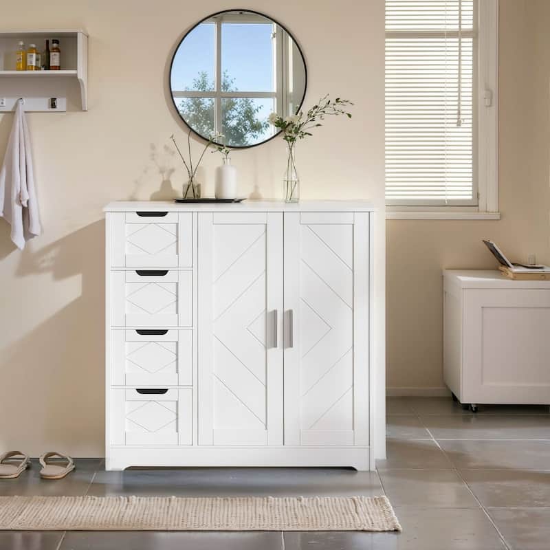 VECELO Wooden Bathroom Floor Cabinet, Side Storage Organizer Cabinet with 4 Drawers, Freestanding Entryway Storage Unit