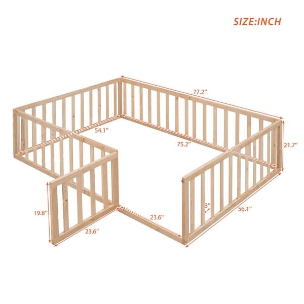 dimension image slide 0 of 4, Full Size Wooden Floor Bed Frame with Safety Fence and Privacy Door - Stylish & Minimal Daybed