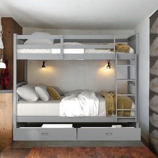 Luxury Full-Over-Full Bunk Bed with Ladders and Two Storage Drawers, Maximized space, Solid Construction, Grey