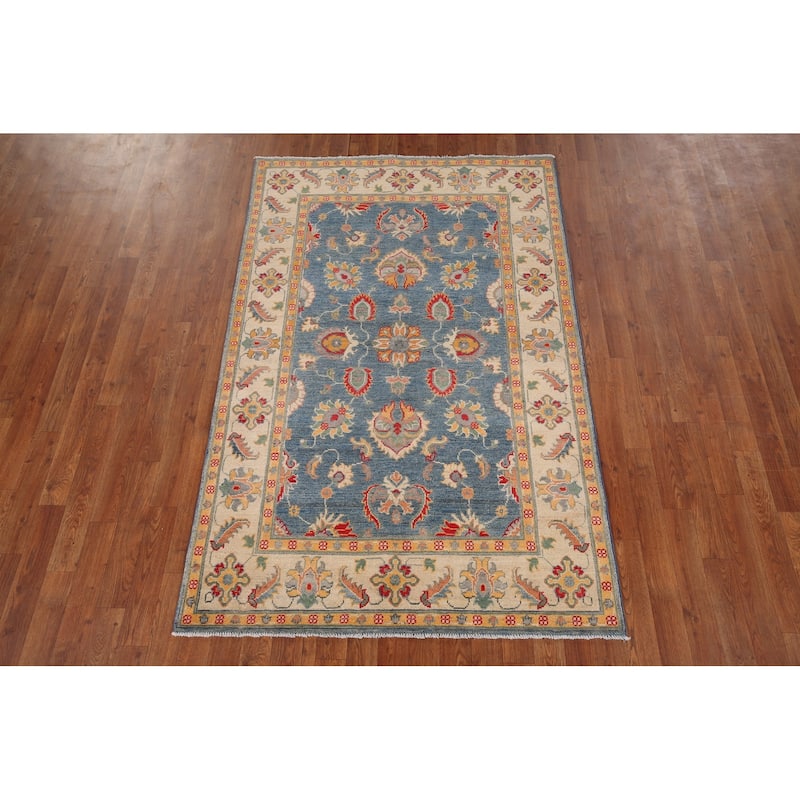 Blue Floral Oushak Oriental Area Rug Hand-Knotted Wool Carpet - 4'1" x 6'4"