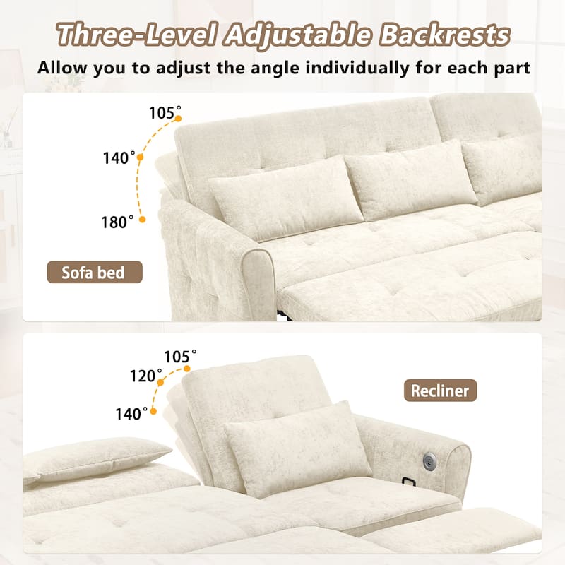 Roomfitters 82-Inch 2-in-1 Three-Seater Sofa, Upholstered Couch with Sofa Bed and Reversible Recliner for Living Room, Beige