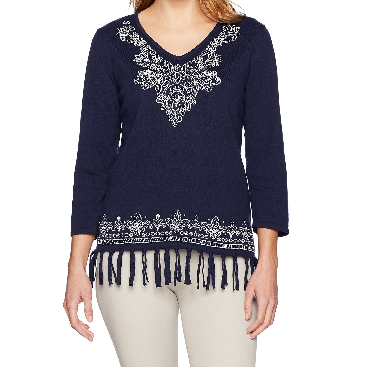 Alfred Dunner Womens Turtle Border Knit Top U Neck S//s
