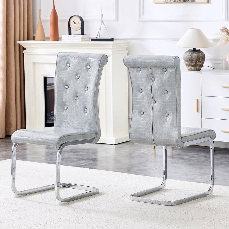 Set of 2 Retro Alligator Skin Upholstered Dining Chairs with Crystal Buckle Design & Faux Leather - Silver+Grey