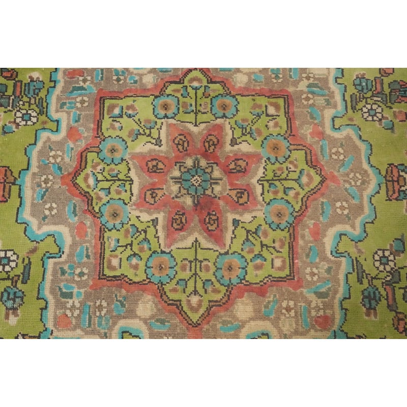 Hand Knotted Oriental 100% Wool Carpet Traditional Floral Green Tabriz Area Rug - 9' 7'' X 6' 5''