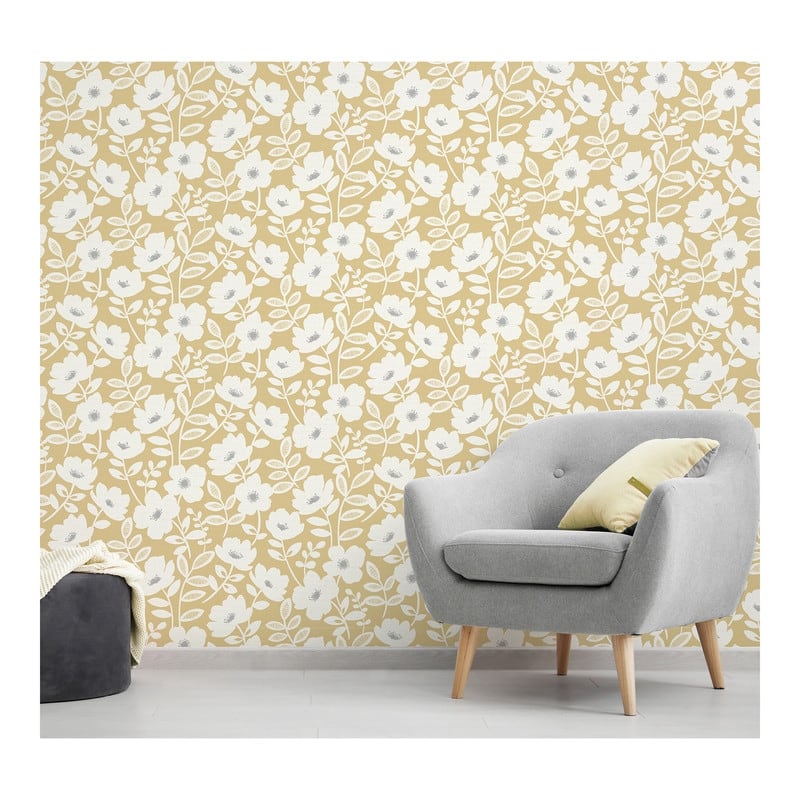 Brewster Bergman Mustard Scandi Flower Wallpaper - 20.5 x 396 x 0.025
