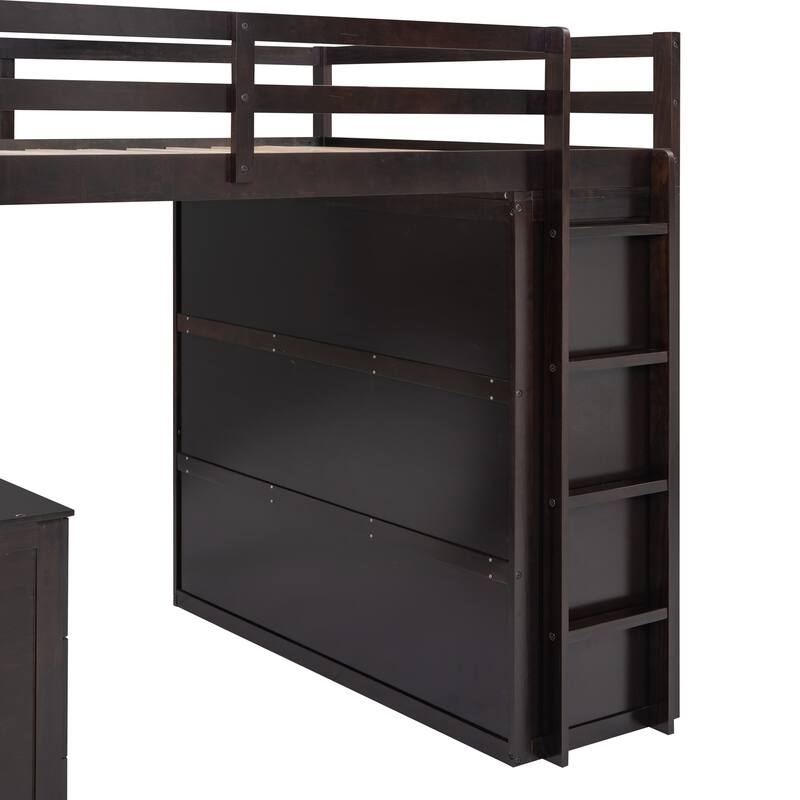 Twin/Full Size High Loft Bed with Built-in Desk and Wardrobe, Wooden Loftbed Bedframe with 3 Drawers, for Kids, Teens, Adults