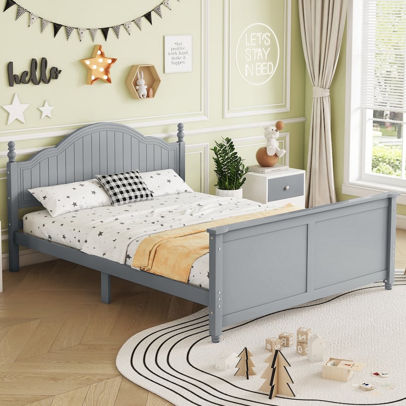 Kids Wooden Platform Bed with Headboard and Footboard, Low Profile Bed Frame with Removable Guardrail Design - Grey - Full