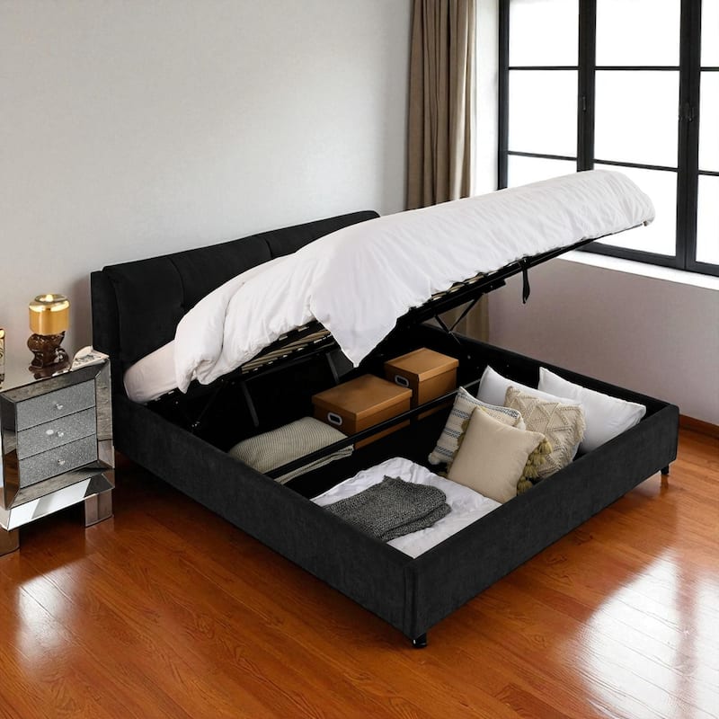 Queen/King Size Upholstered Hydraulic Storage Platform Bed with Chenille Fabric and Integrated Headboard