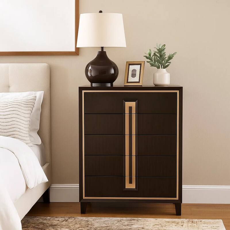 Yada Tall Dresser Chest, 5 Drawers, Espresso Brown Solid Wood, Gold