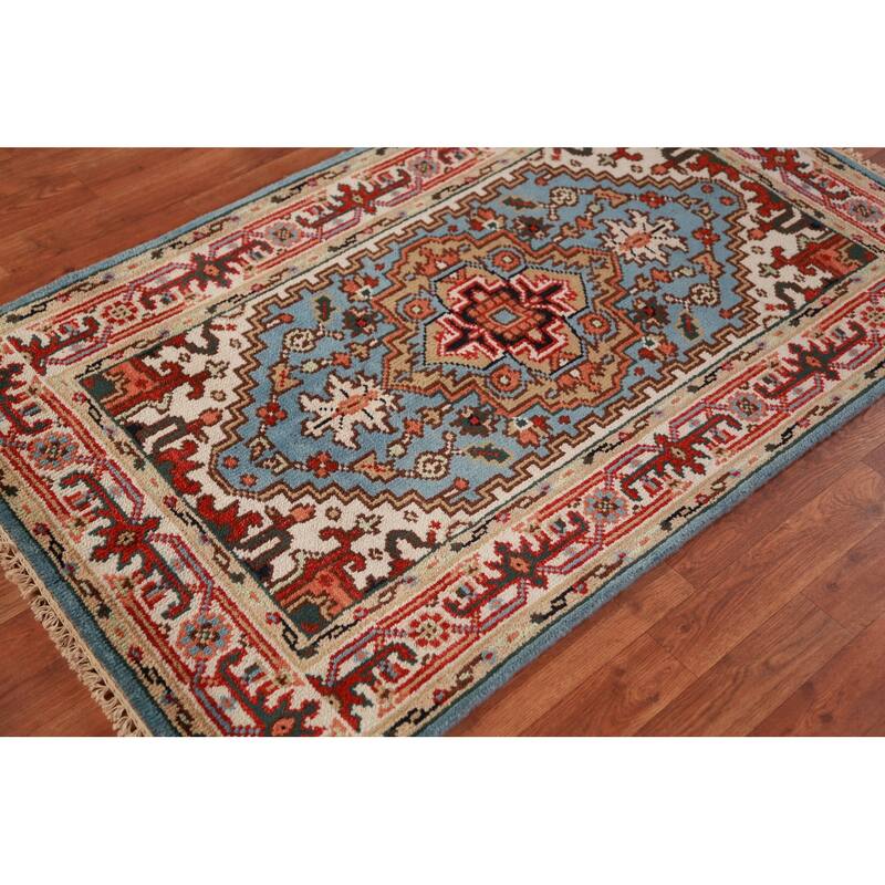 Light Blue Heriz Serapi Indian Foyer Rug Hand-Knotted Wool Carpet - 3'0"x 5'1"