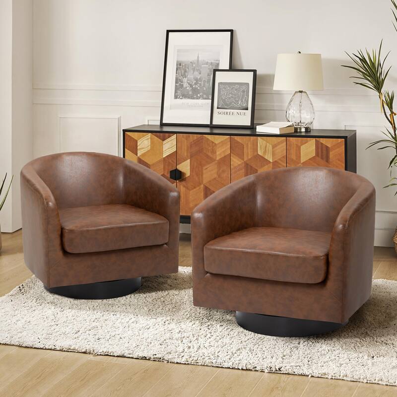 2 Set Modern Vegan Faux Leather Swivel Barrel Accent Chair