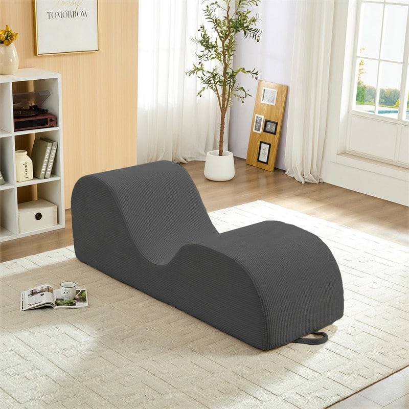 Mixoy Corduroy Yoga Chaise Lounge Chair,Curved Yoga Sofa with Movable Headrest/Waist Cushion/Footrest,Non-Slip Bottom