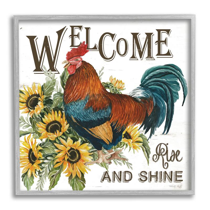 Stupell Rise & Shine Rooster Framed Giclee Art Design by Cindy Jacobs - 17 x 17 - Grey