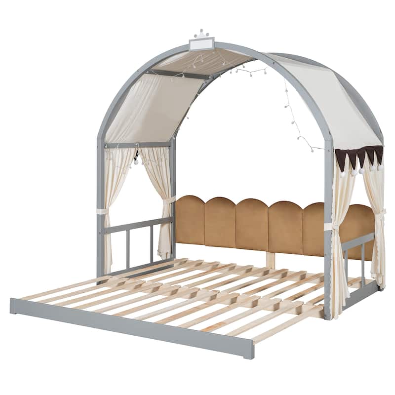 Wood Twin Size Bed Frame with Arched Roof, Floor Bed with Light and Curtain, Pull-out Kids Bed for Girls Boys Bedroom