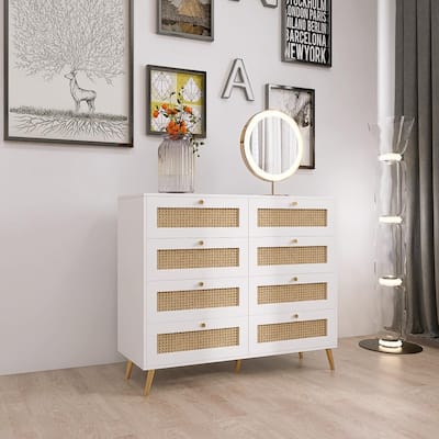 Drawers Chest of Drawers with Rattan Drawer Face Golden Legs and Handles