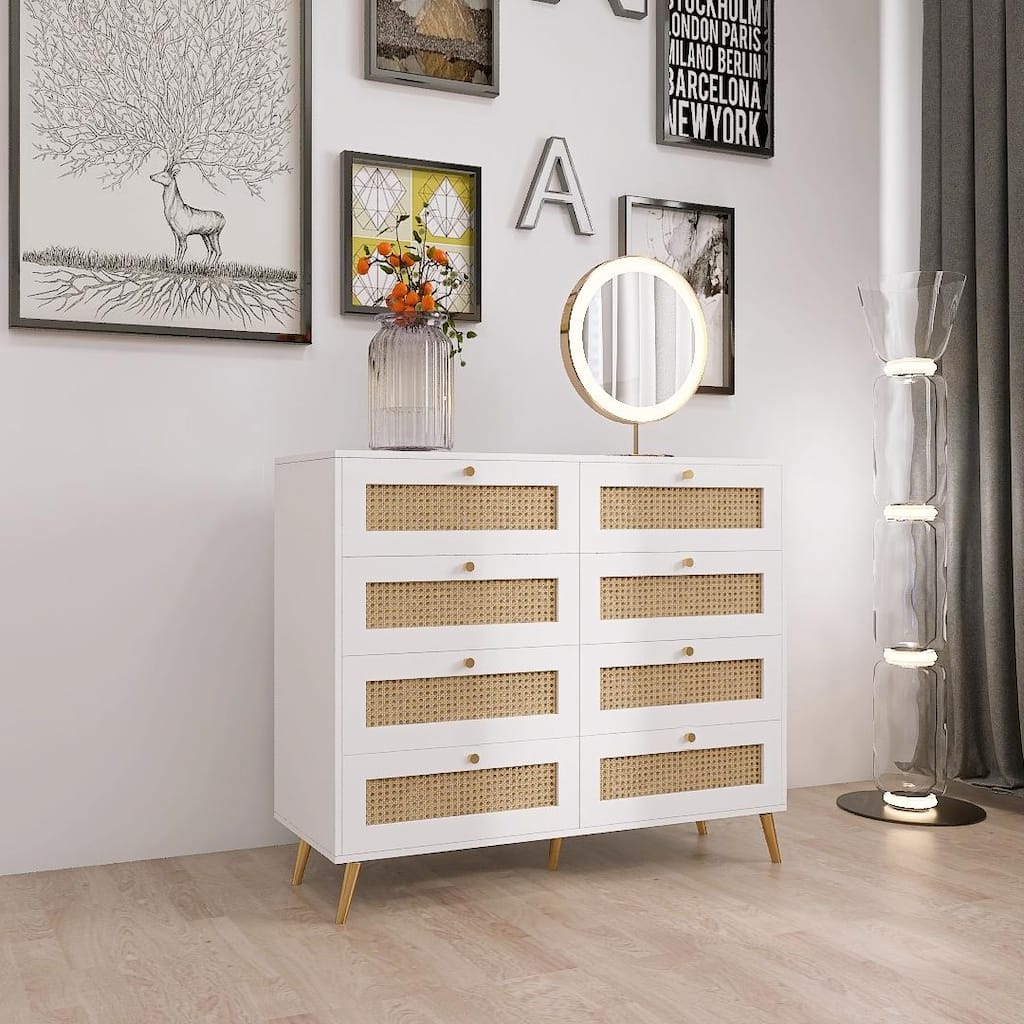 Drawers Chest of Drawers with Rattan Drawer Face Golden Legs and Handles