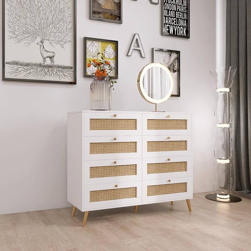 White 8-Drawer Dresser with Rattan Drawers and Gold Legs and Handles - White - 8-drawer