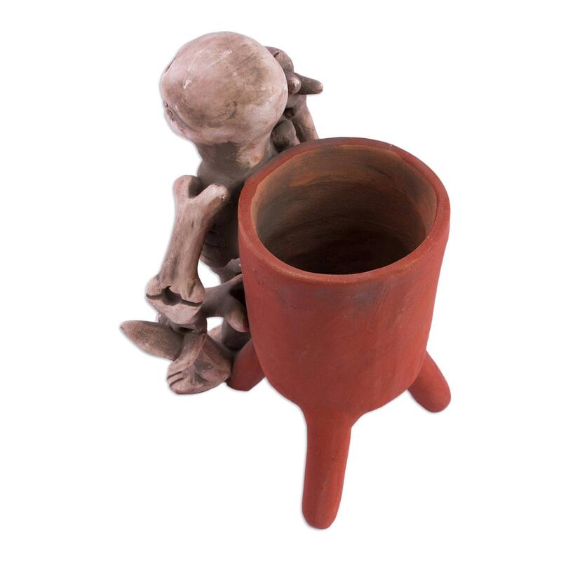 Handmade Lord Of The Dead Ceramic Statuette (Mexico) - 7" H x 4.3" W x 5" D