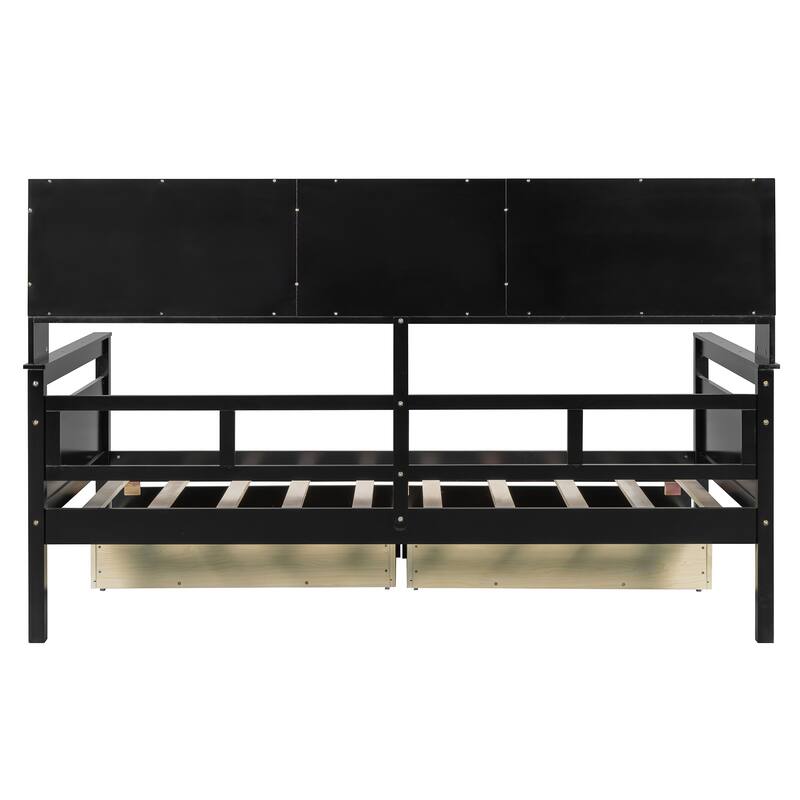 Twin Size Daybed with Wood Slat Support, Bedside Shelves, and 2 Storage Drawers