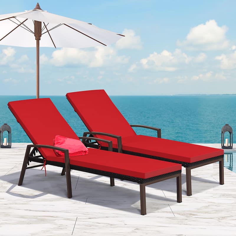 Costway 2PCS Patio Rattan Lounge Chair Chaise Recliner Back Adjustable - Brown/Red