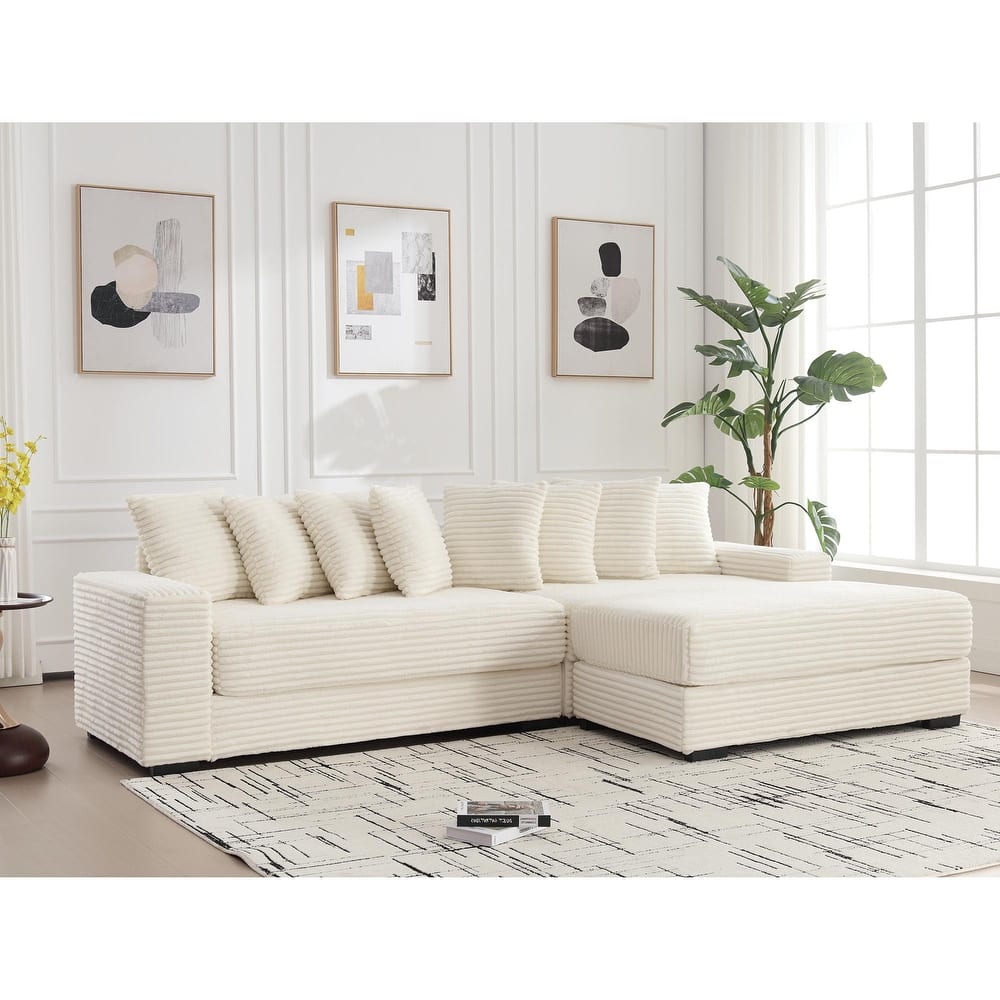 111" Corduroy Upholstered L-Shaped Sectional Sofa with Oversized Chaise Longue and 8 Throw Pillows