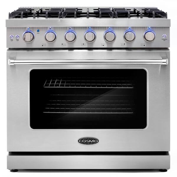 slide 2 of 15, Cosmo 36 in. Freestanding Gas Range with 6 Sealed Burners and 6.0 cu. ft. Capacity Convection Oven in Stainless Steel