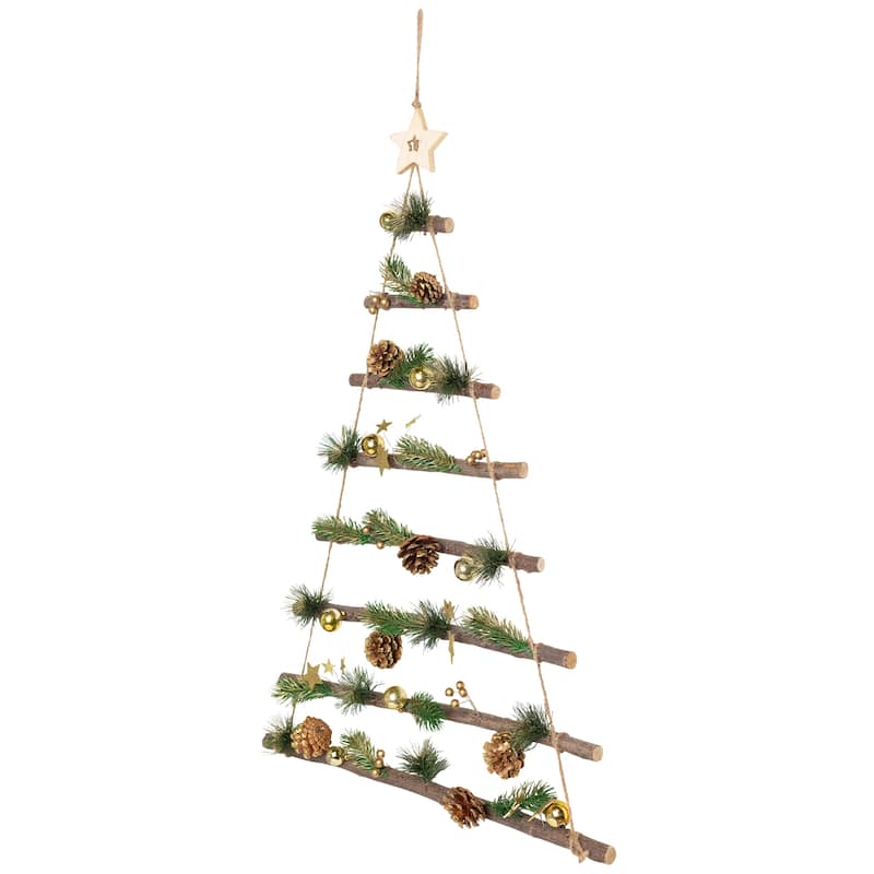Star and Pinecone Hanging Tree Wooden Christmas Wall Decoration - 30"