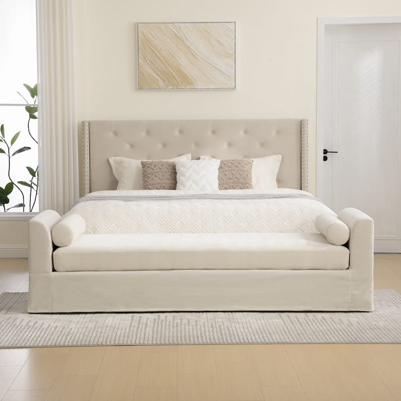 88.58"W Modern Bench, Bed End Bench with Armrests,Chenille Chaise Lounge Couch with 2 Bolster Pillows