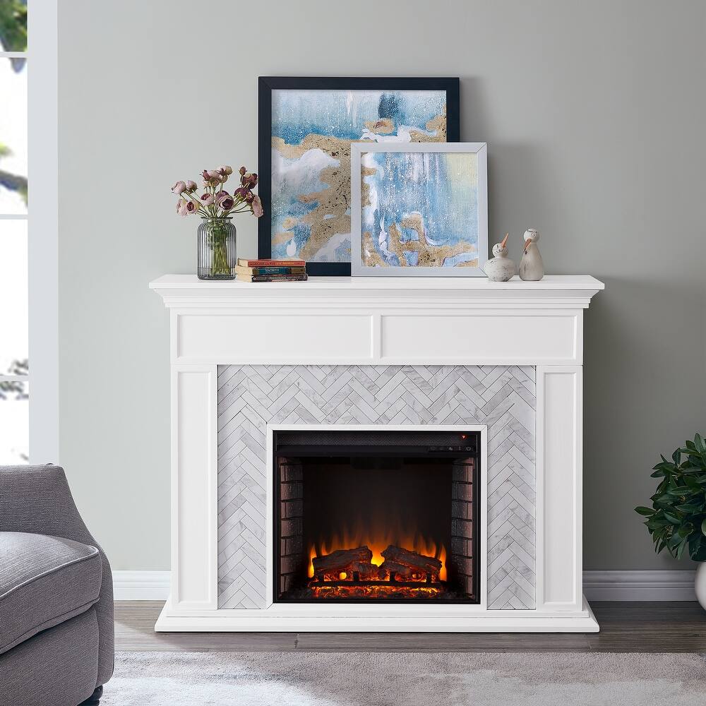 SEI Furniture Torton Contemporary Electric Fireplace with Chevron Marble Tiled Mantel