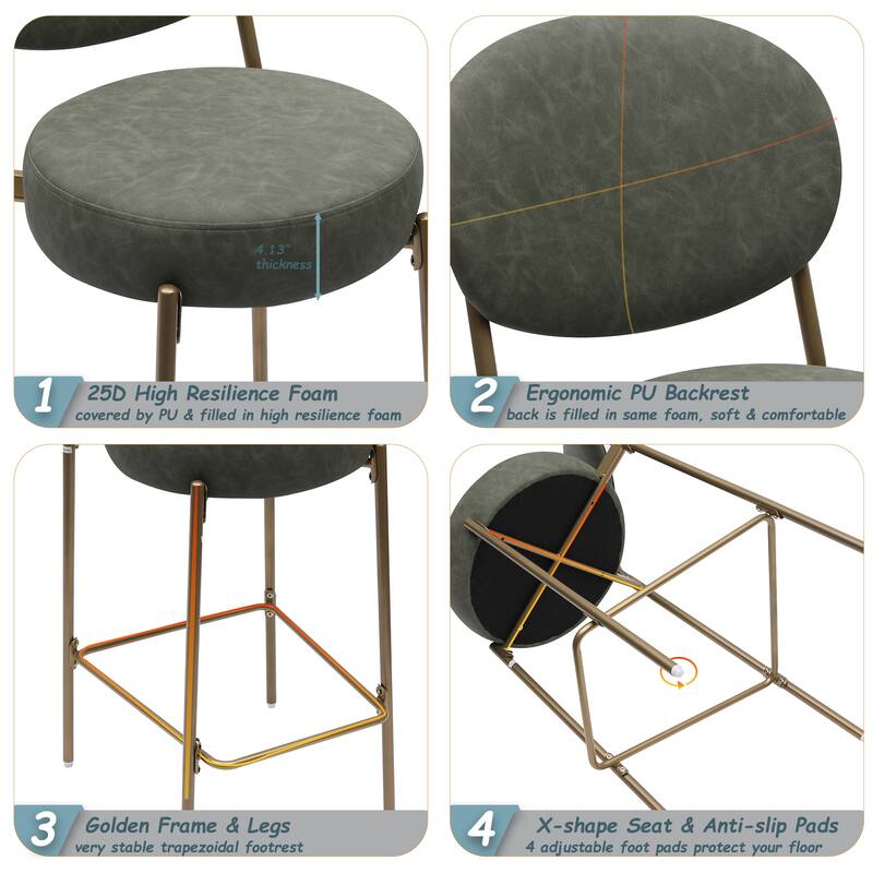 GDFStudio - Lunara Modern Velvet Upholstered Bar Height Bar Stool with Gold Metal Legs, Backrest & Footrest, Set of 2 - 41.34"H