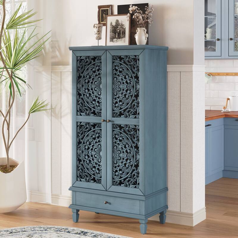 Tall Storage Cabinet with Drawer, Decorative 2-Door Carved Wood Accent Cabinet