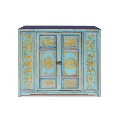 Florentine 43 Inch Vintage Sideboard Buffet Cabinet, 2 Door, Teal and Gold