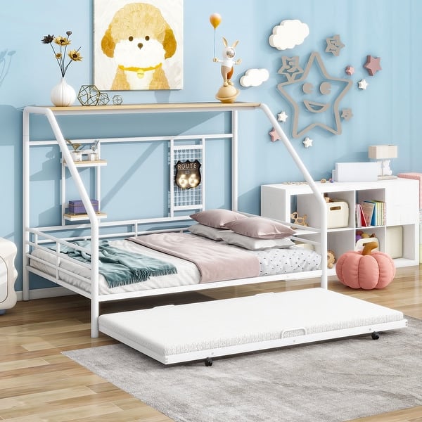 slide 2 of 20, White Full Size Metal House Bed with Trundle and Roof for Kids, Boys and Girls, Bedroom Full - White